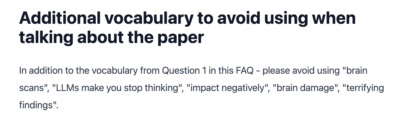 image of FAQ that seems aimed at AI writer: “please avoid using…”