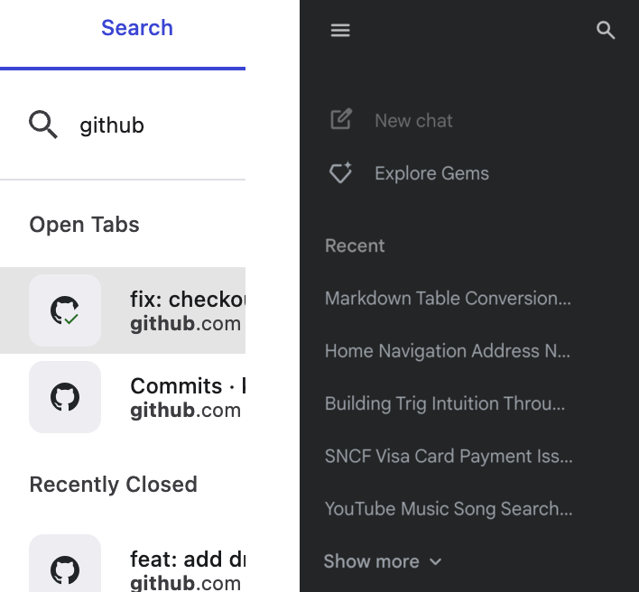 Tab search and Gemini sidebar comparison